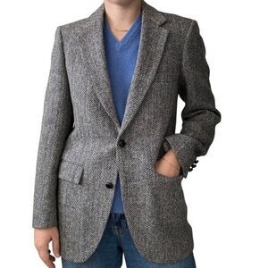 Vintage Mens Harris Tweed Black Gray Chevron Wool Preppy Sport Coat Blazer 36R